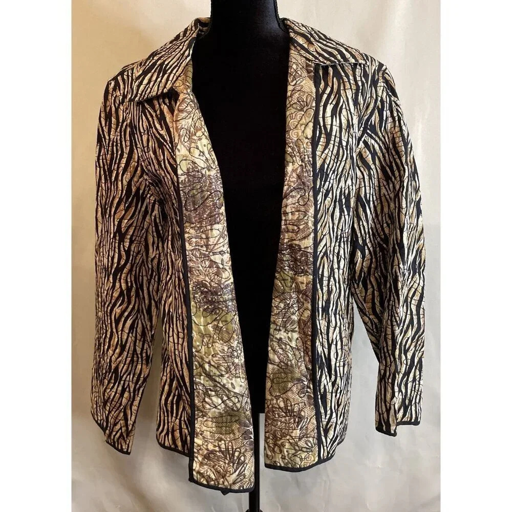 Chicos Size 3 US XL 16 Quilted Reversible Jacket Open Front‎ Animal Print